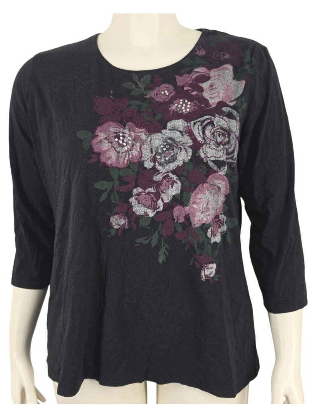 Women's Laura Scott Black Blouse Roses Rhinestones Size XL Embroidered Tee